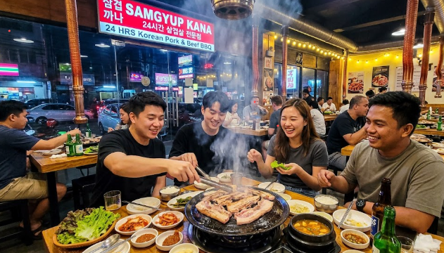 필리핀 마닐라 말라테 24시간 맛집 삽겹까나안에서 맛있게 고기를 구워먹는 사람들 골드바 에이전시