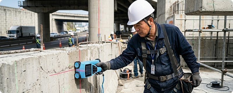 토목안전진단 전문가가 내부 철근 탐사 장비를 통해 점검하는 모습