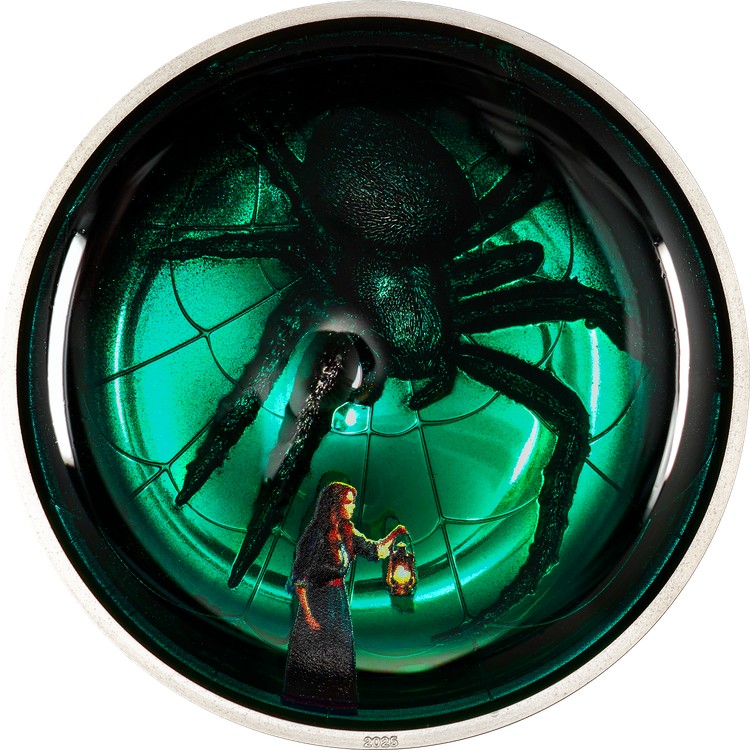 (8월 말 배송) 62.2g CIT 은 2025 쿡 제도 Arachnophobia Proof · Coloured, Enamelled, Sonstige · smartminting® Ultra Hochrelief 9999