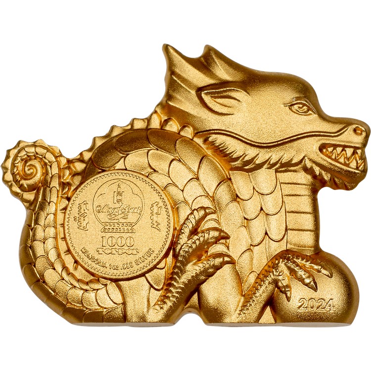 (8월 말 배송) 31.1g CIT 은 2024 몽골 Great Gilded Dragon Silk finish · Gilded 999 Obverse