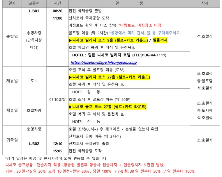 삿포로 시내vs니세코 온천골프 9/7일 3박4일 북해도 단하루특가