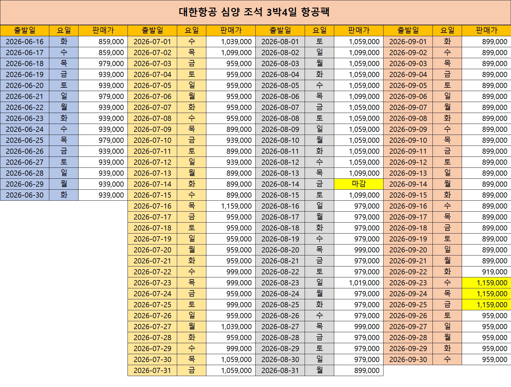 철령 용산CC 5월~9월 3박4일