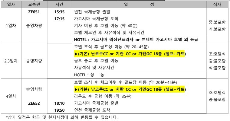 [11월 한정특가] 가고시마 텐몬칸 시내중심 호텔 2색골프 - 이스타항공 3박4일 패키지