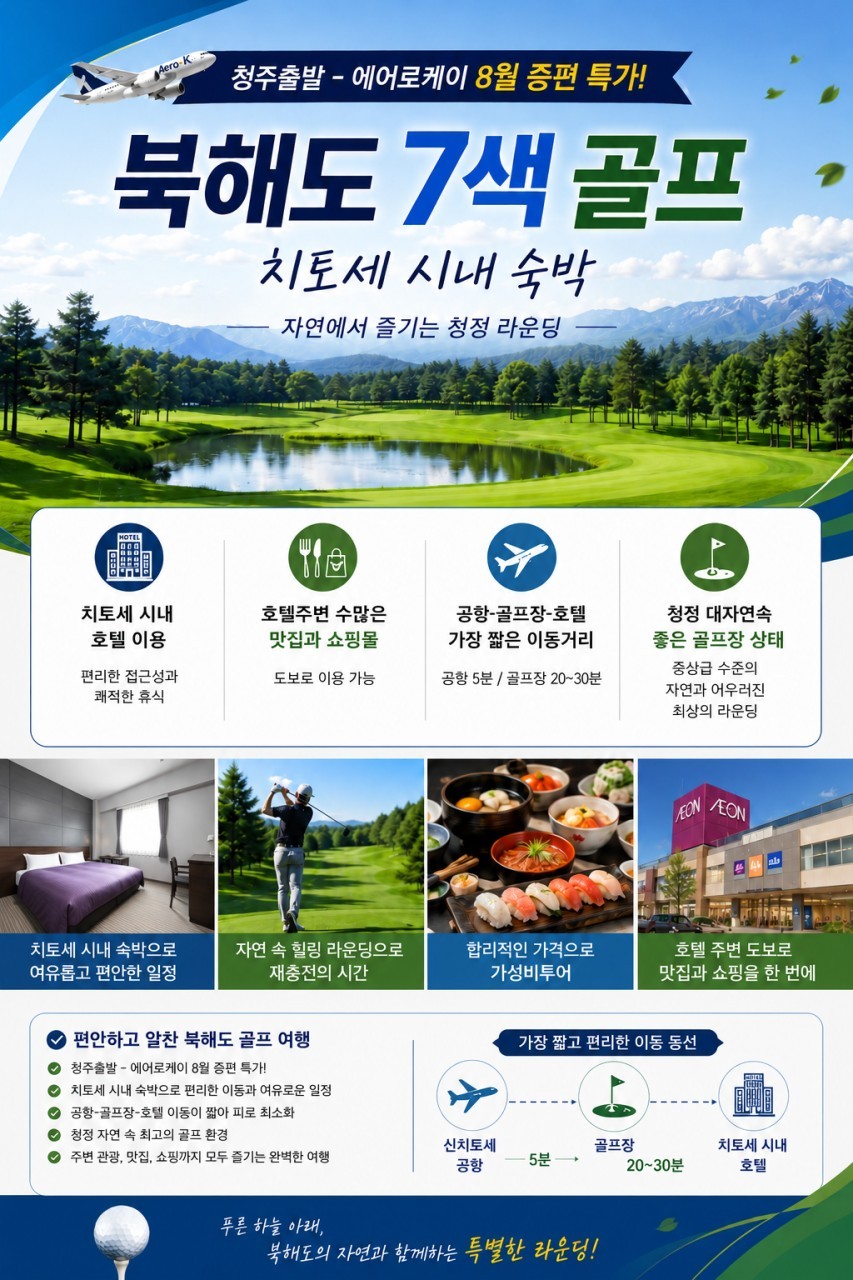 [청주출발] 에어로케이 8월 특가패키지 - 북해도 치토세 시내호텔 7색골프