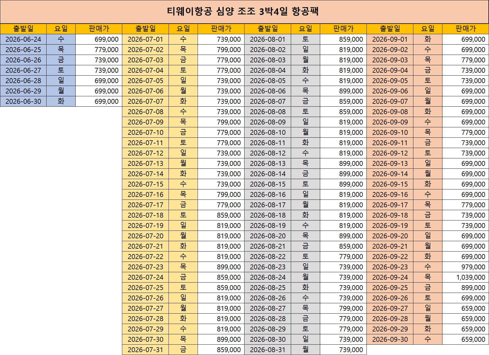 철령 용산CC 5월~9월 3박4일