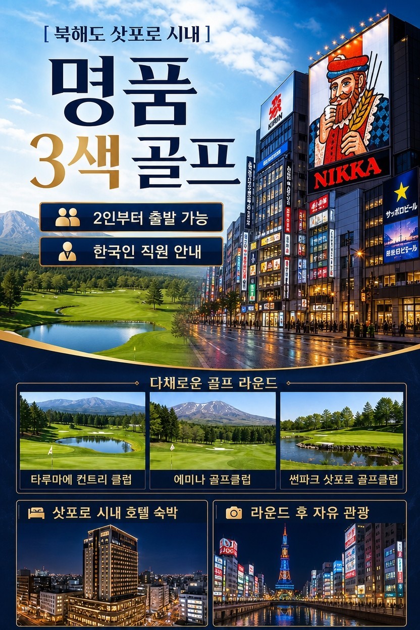 [삿포로] 시내중심 4성급 온천호텔 3색골프 패키지 - 삿포로시내 자유관광 OK