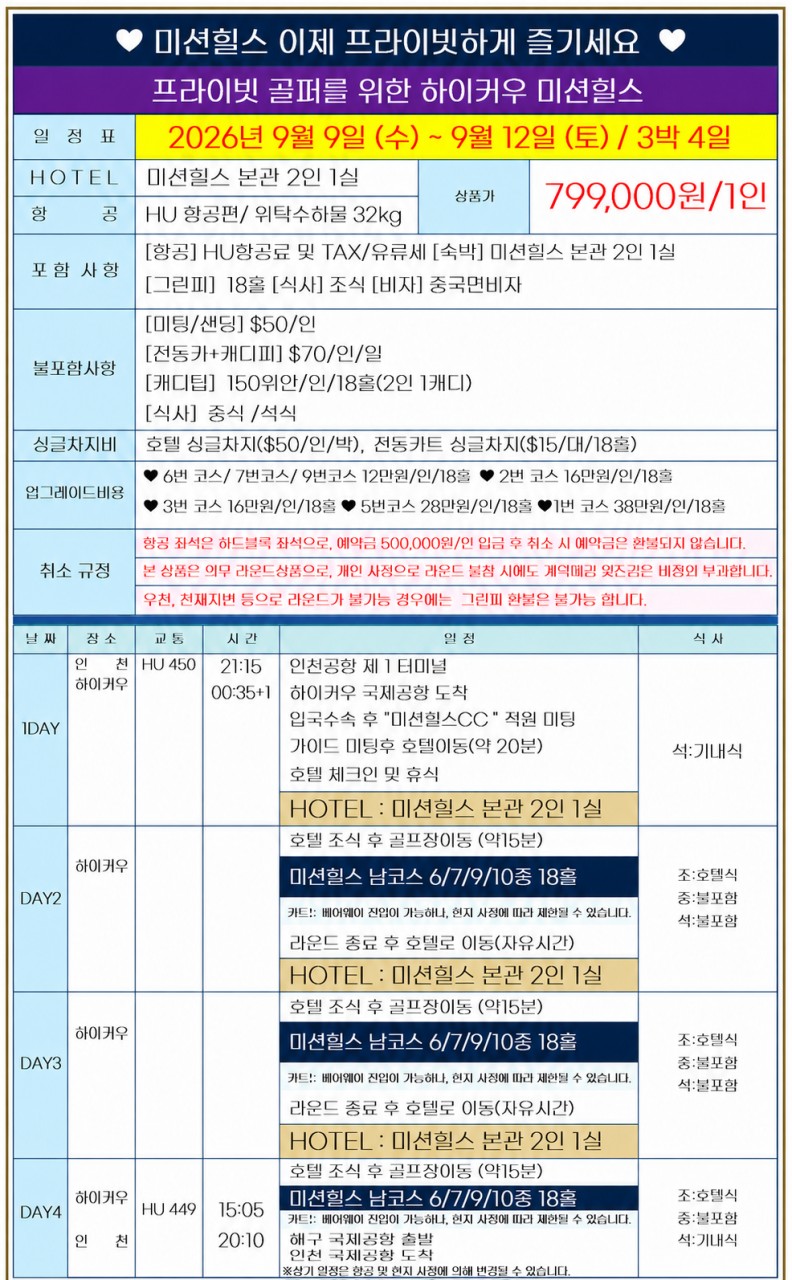하이커우 미션힐스 골프리조트 - 남(南) 4색코스 라운드 항공패키지