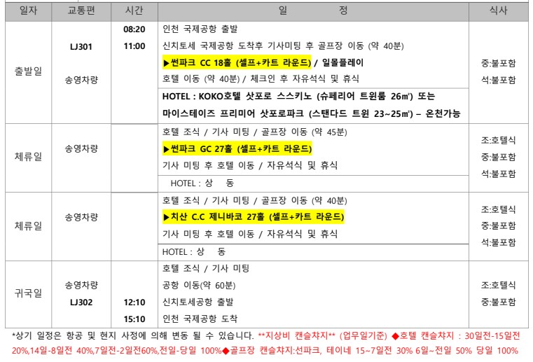삿포로 시내vs니세코 온천골프 9/7일 3박4일 북해도 단하루특가