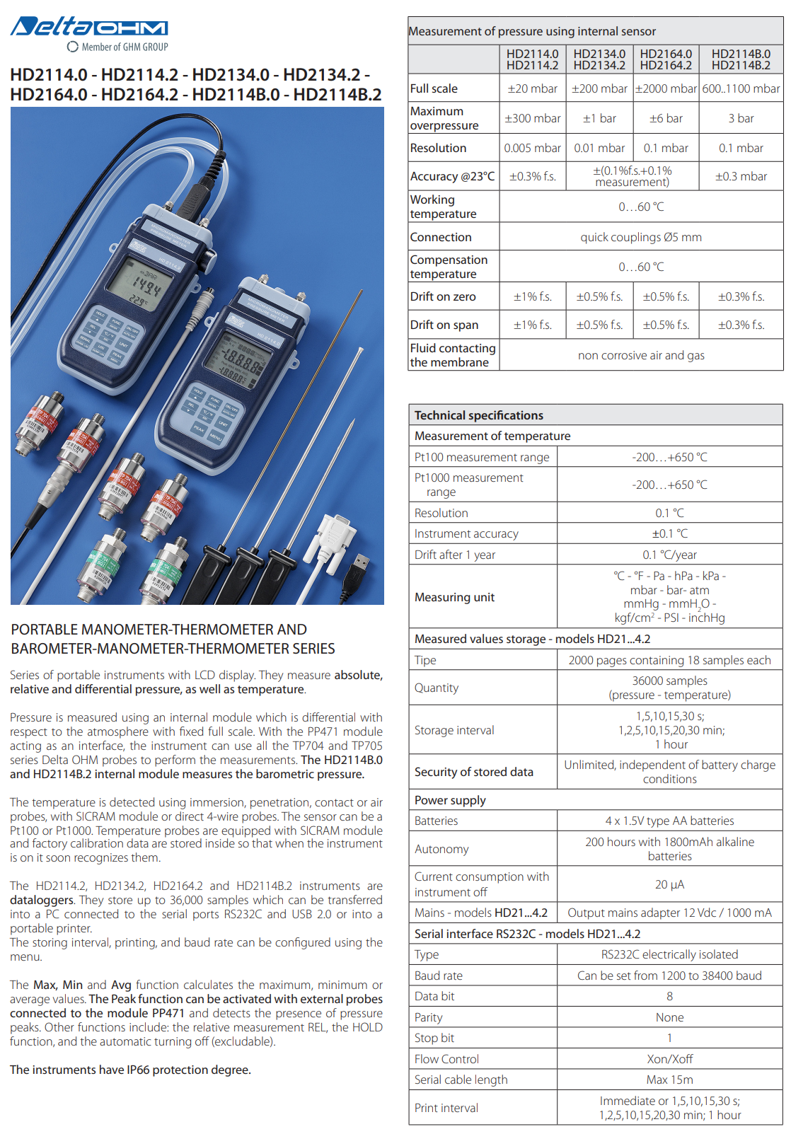 압력 미세압력계/온도계 데이터 로거 Senseca DeltaOHM HD2114.2