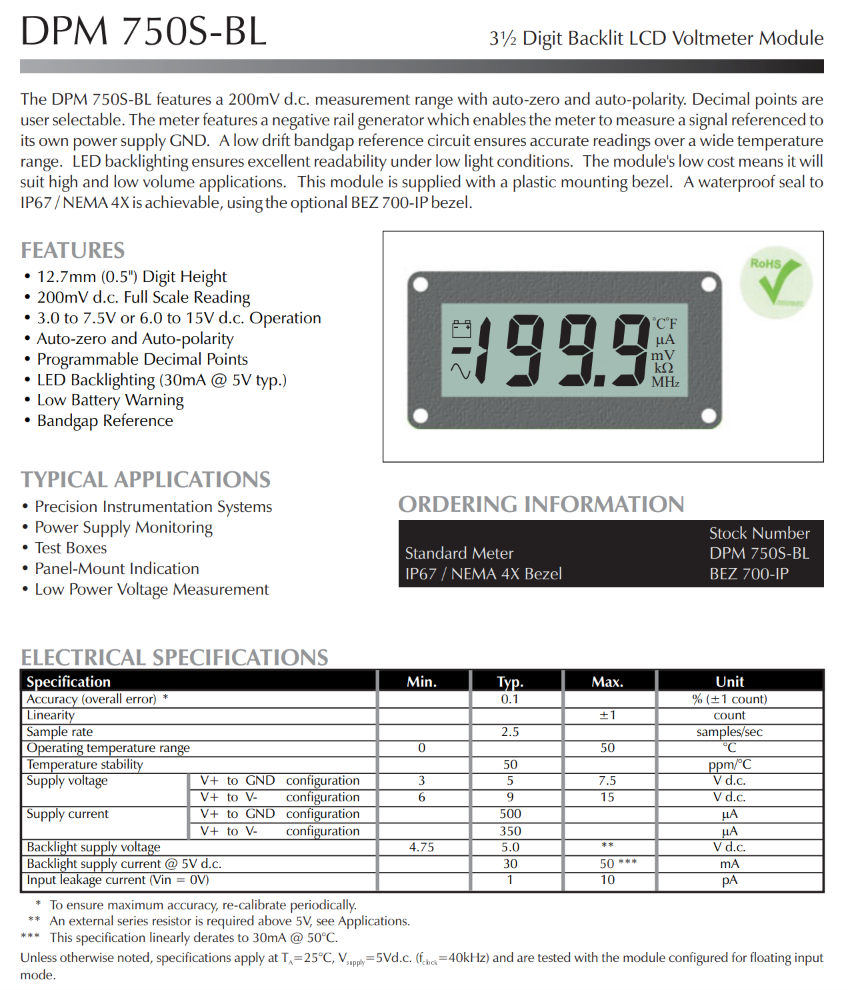 백라이트 기능이 있는 200mV LCD 전압계 LASCAR Panel Meters / DPM 750S-BL