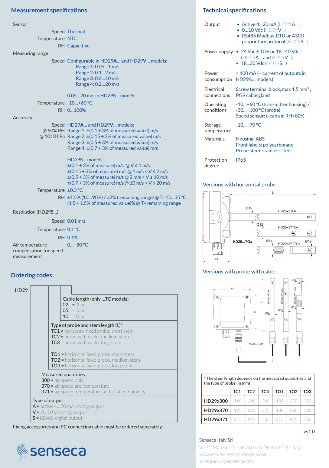 풍속, 온도 및 상대 습도 트랜스미터 Senseca DeltaOHM HD29