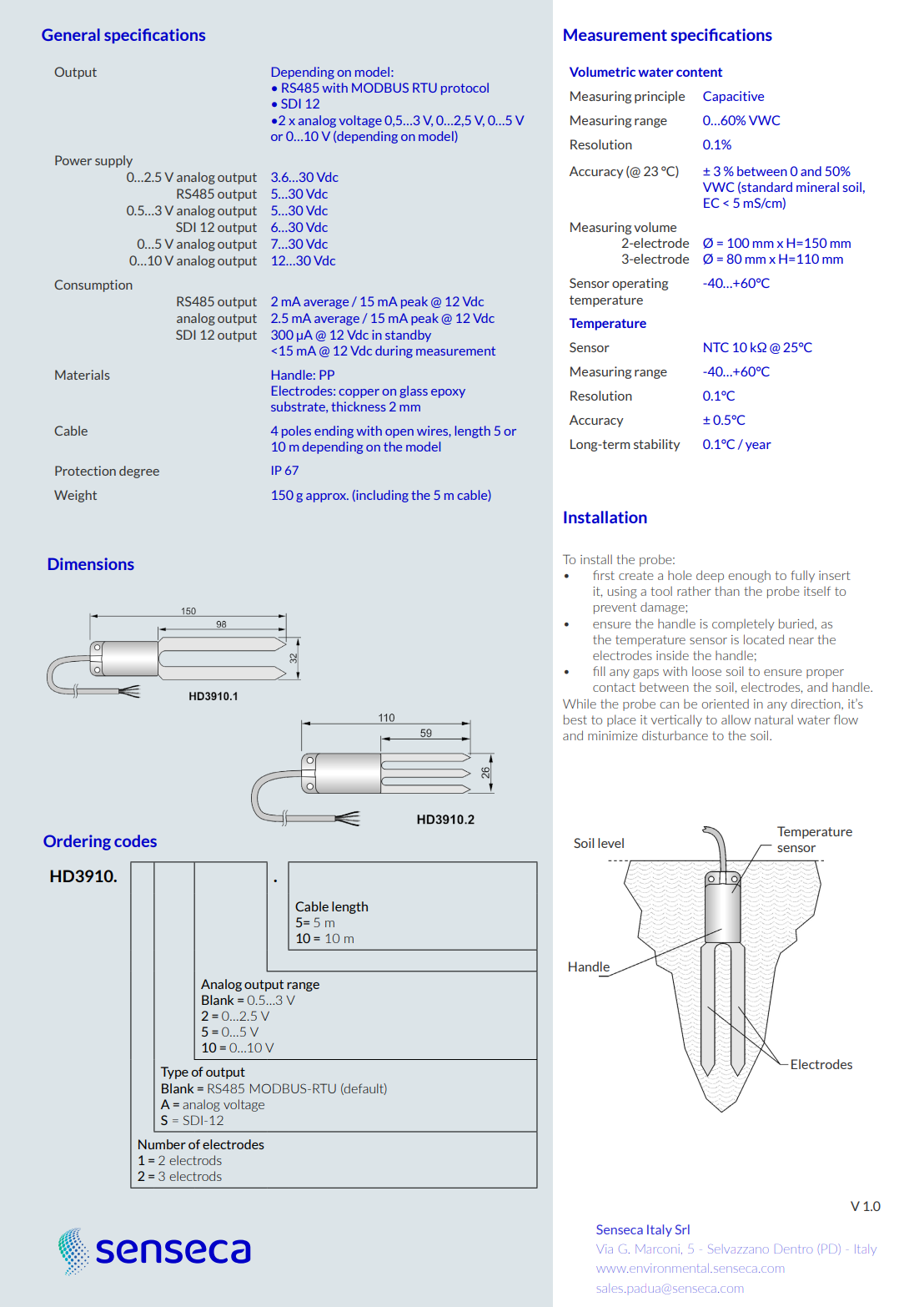 토양 체적 수분 함량 측정기 Senseca DeltaOHM HD3910…