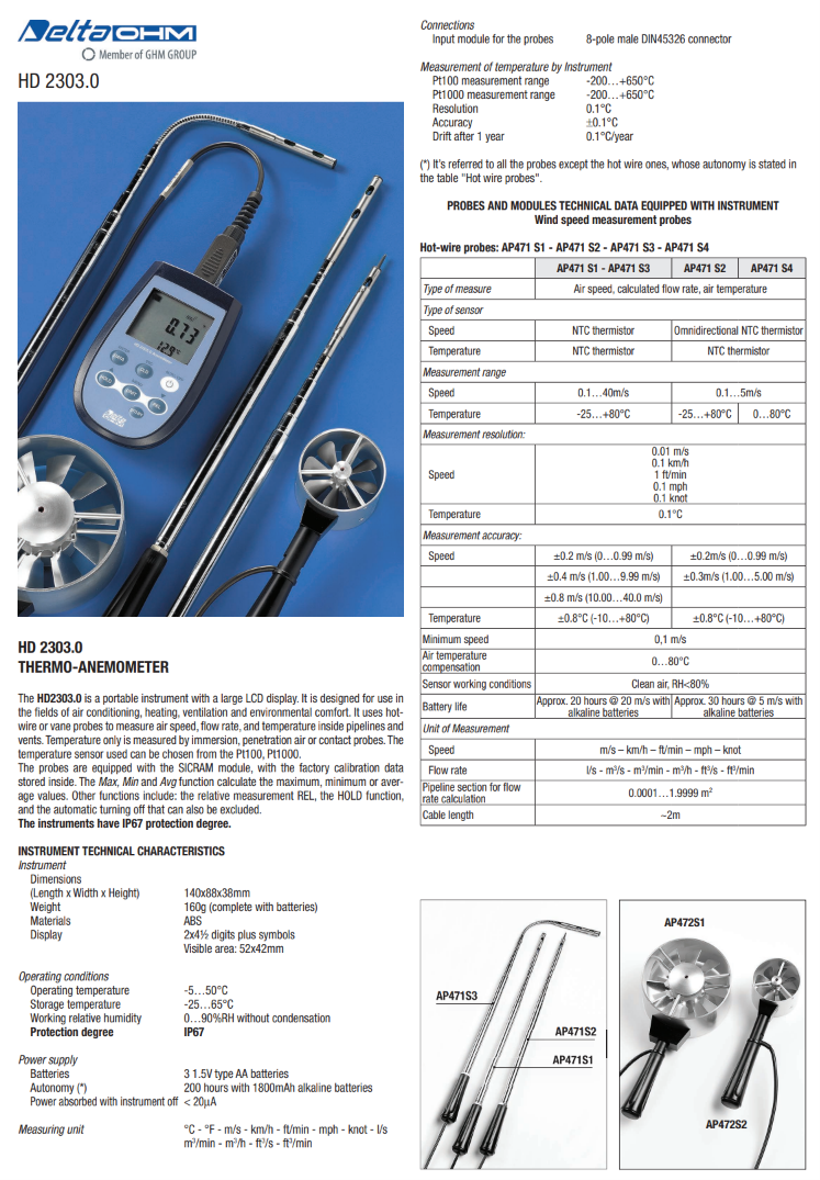 풍속계 겸 온도계 Senseca DeltaOHM HD2303.0