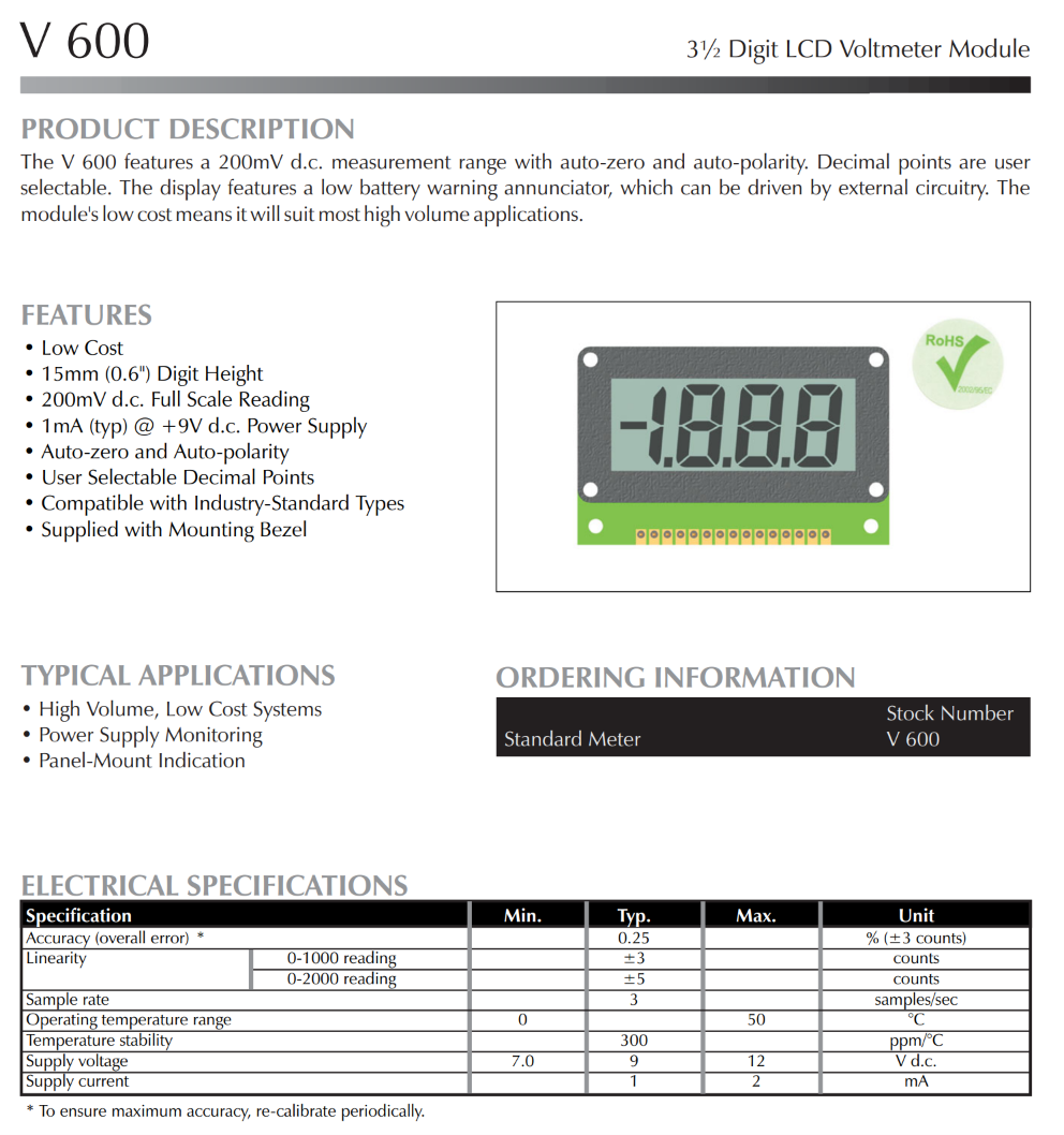 저가형 200mV LCD 전압계 LASCAR Panel Meters / V600