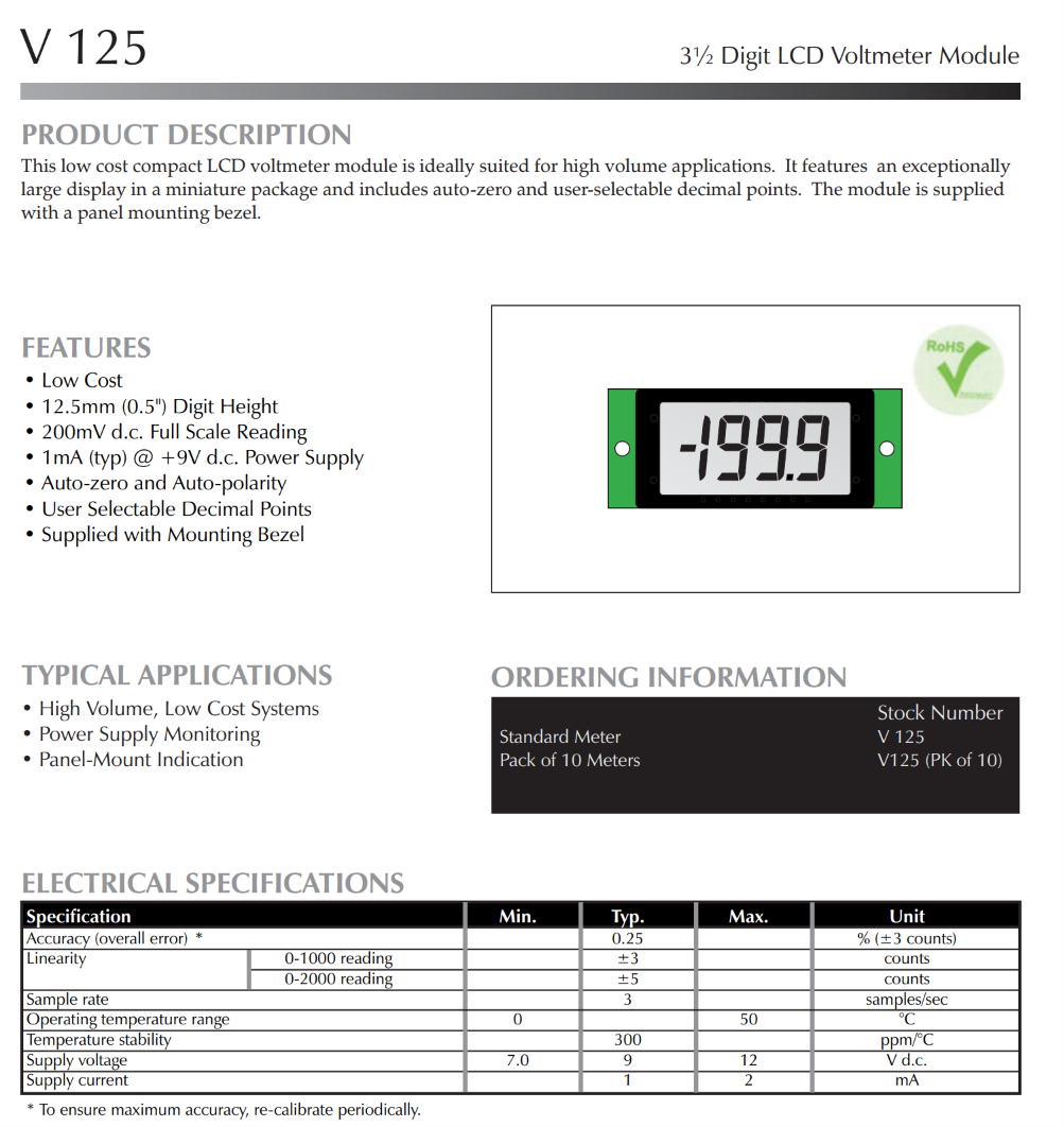 저가형 200mV LCD 전압계 LASCAR Panel Meters / V25