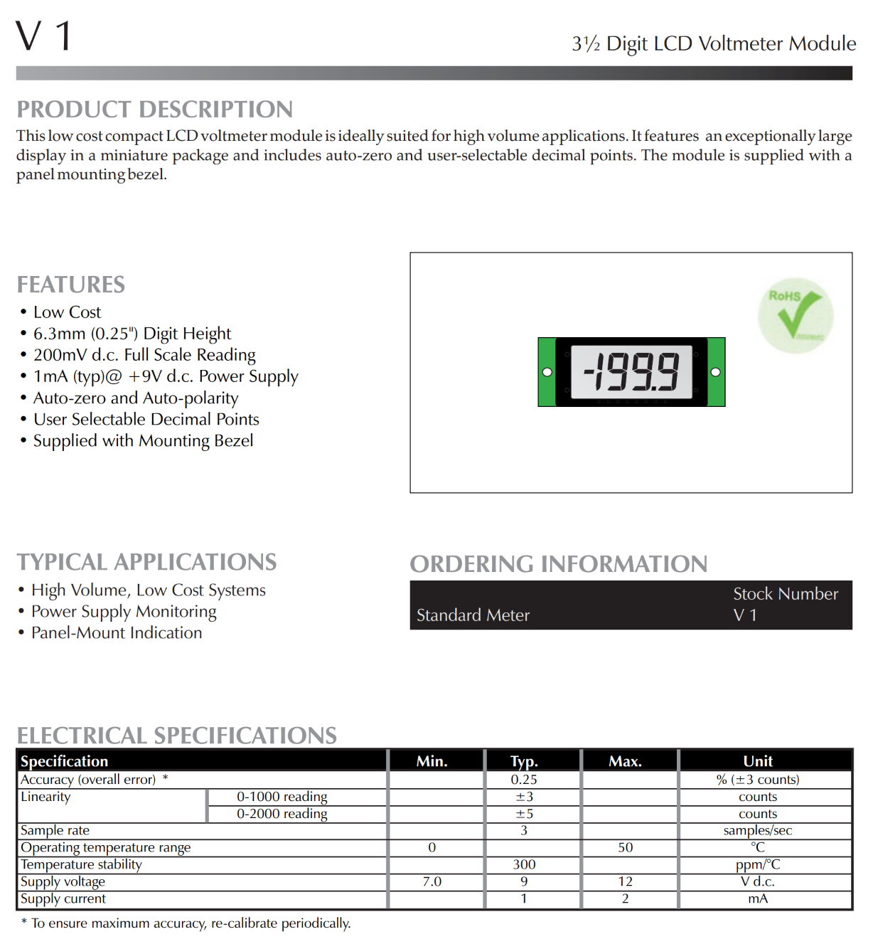 저가형 200mV LCD 전압계 LASCAR Panel Meters / V1