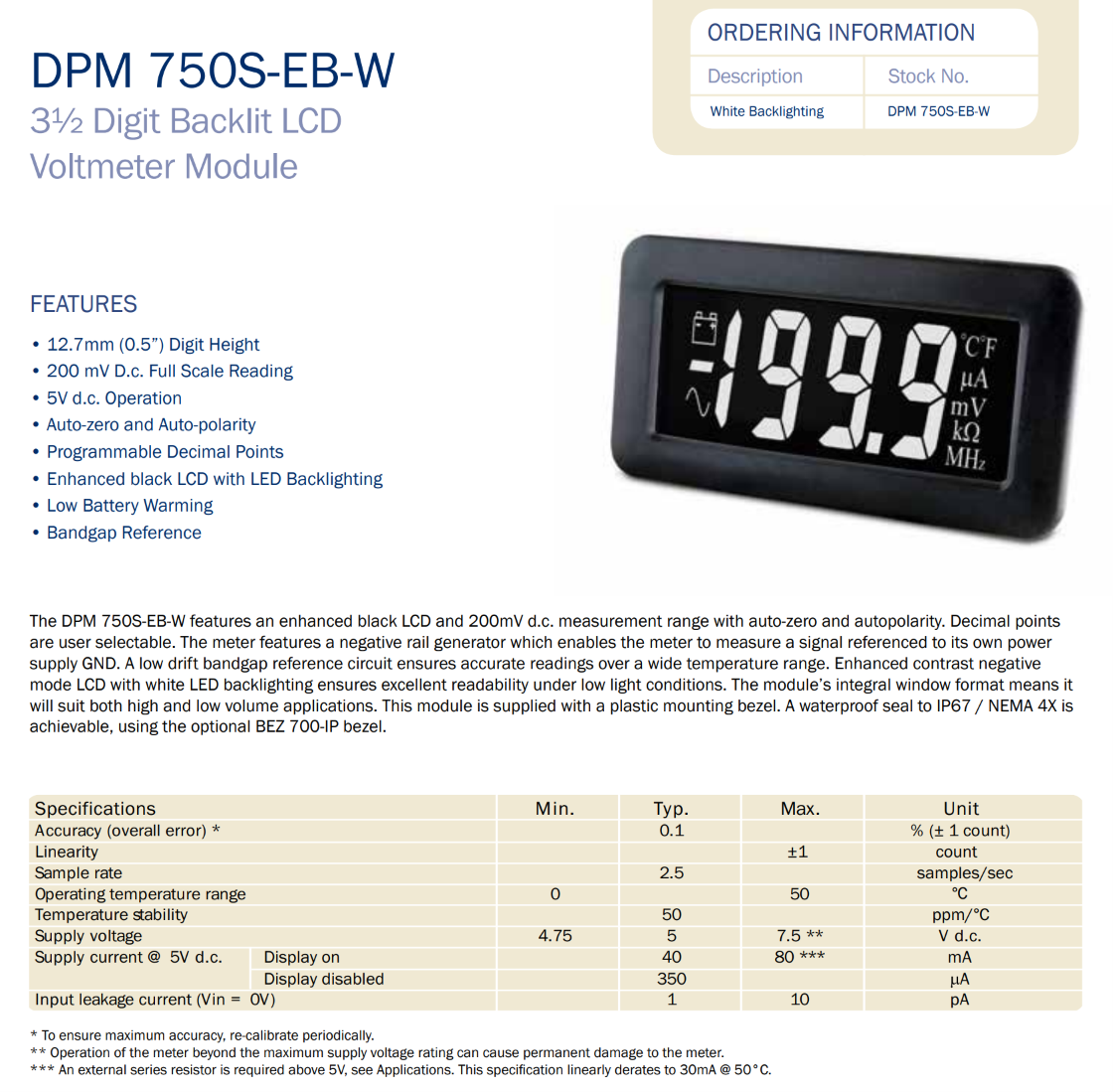 검정색 배경에 흰색 숫자가 표시되는 LCD 전압계 LASCAR Panel Meters / DPM 750S-EB-W