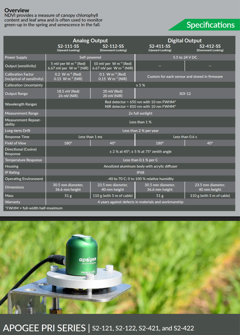 SDI-12 상향식 NDVI 센서 apogee S2-411-SS