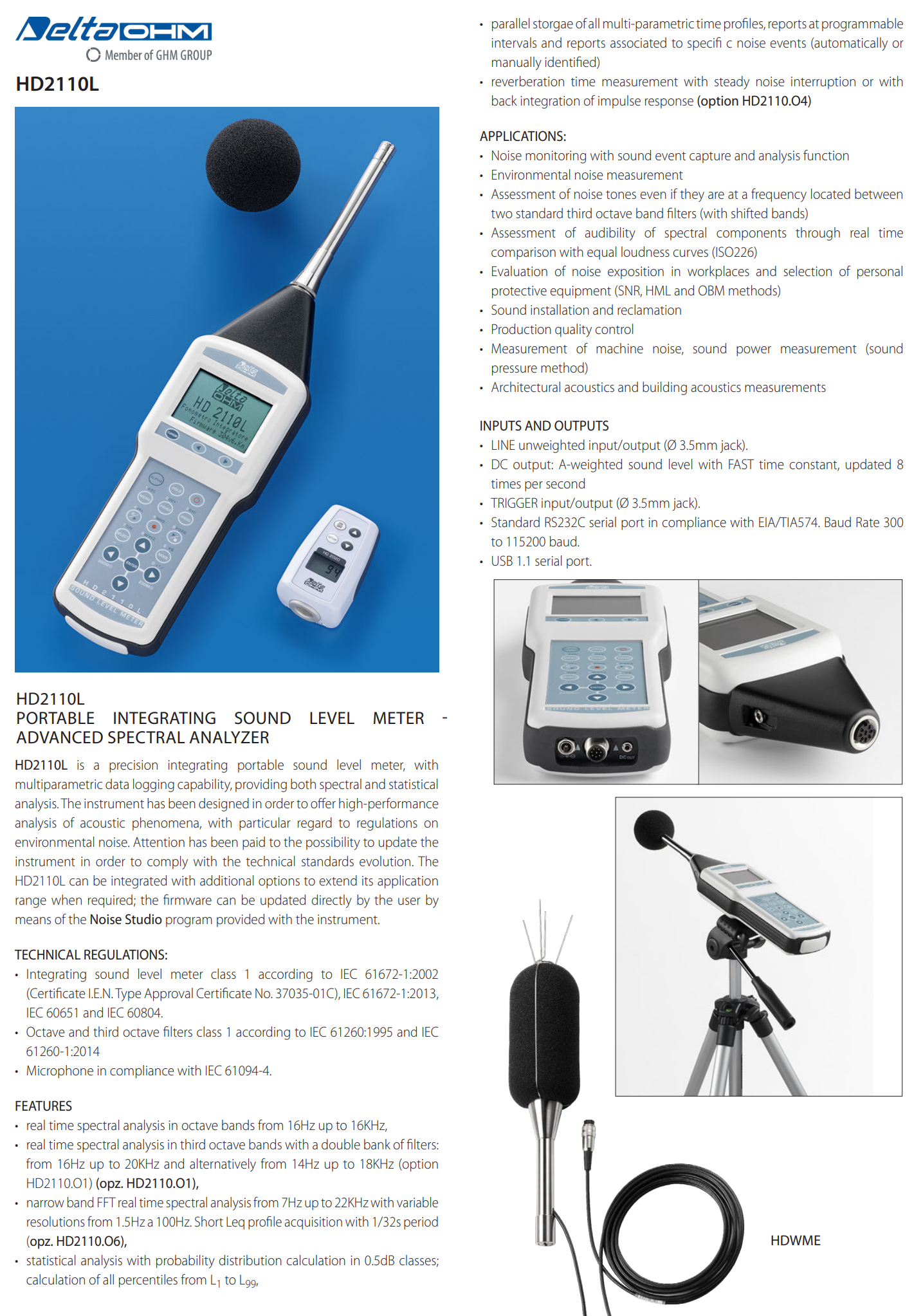 1등급 통합 소음 측정기 및 고급 분석기 Senseca DeltaOHM HD2110L