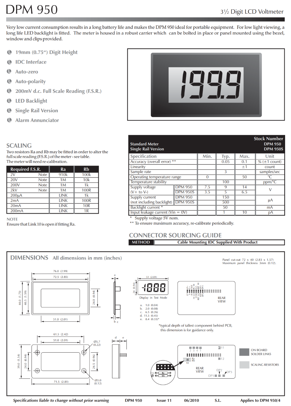 대형 200mV LCD 단일 레일 전압계 LASCAR Panel Meters / DPM 950S