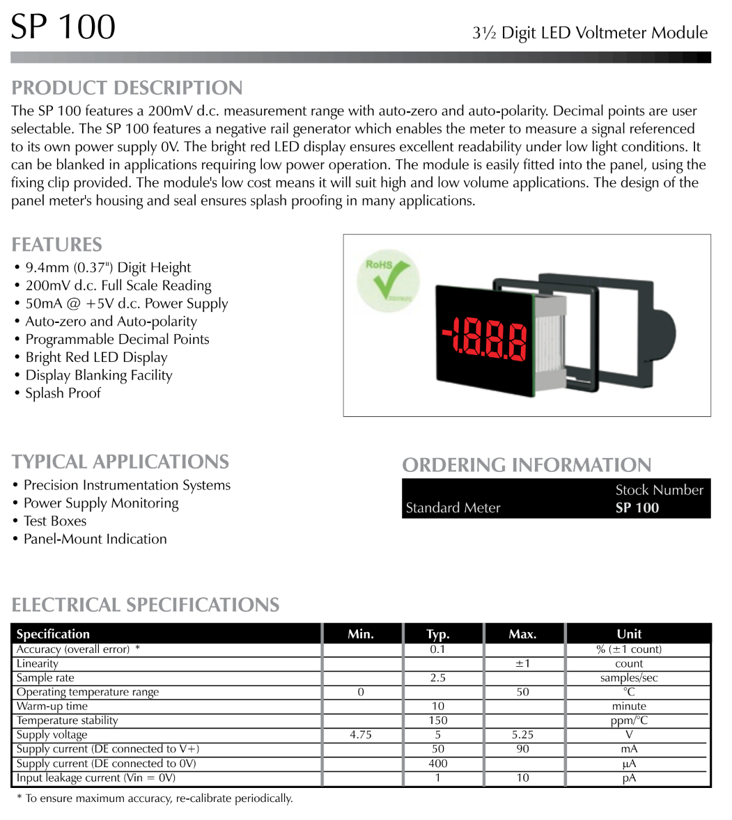 방수형 초슬림 LED 전압계, 12핀 버전 LASCAR Panel Meters / SP 100