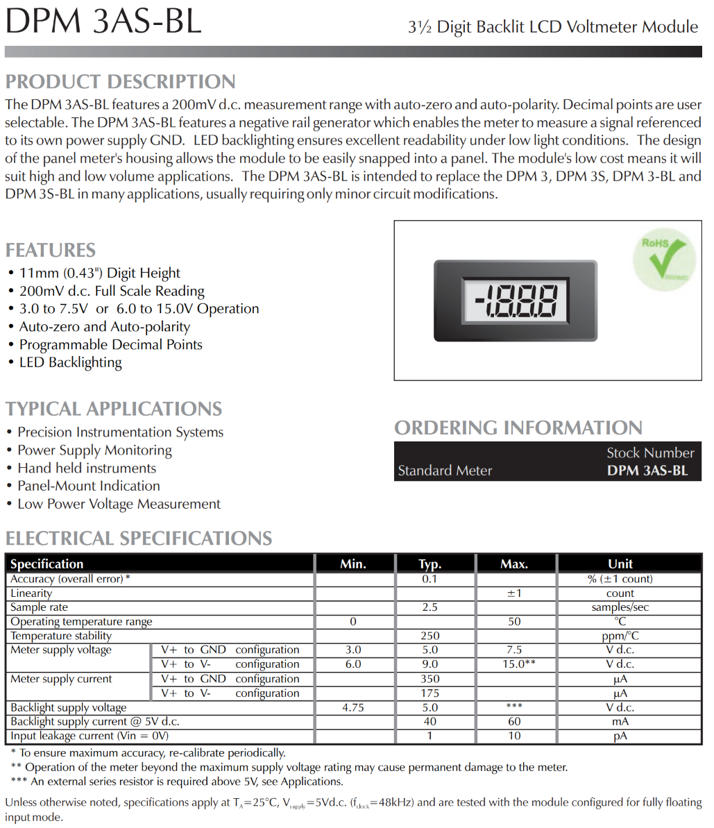 컴팩트한 3.5자리 LCD 전압계 LASCAR Panel Meters / DPM 3AS-BL