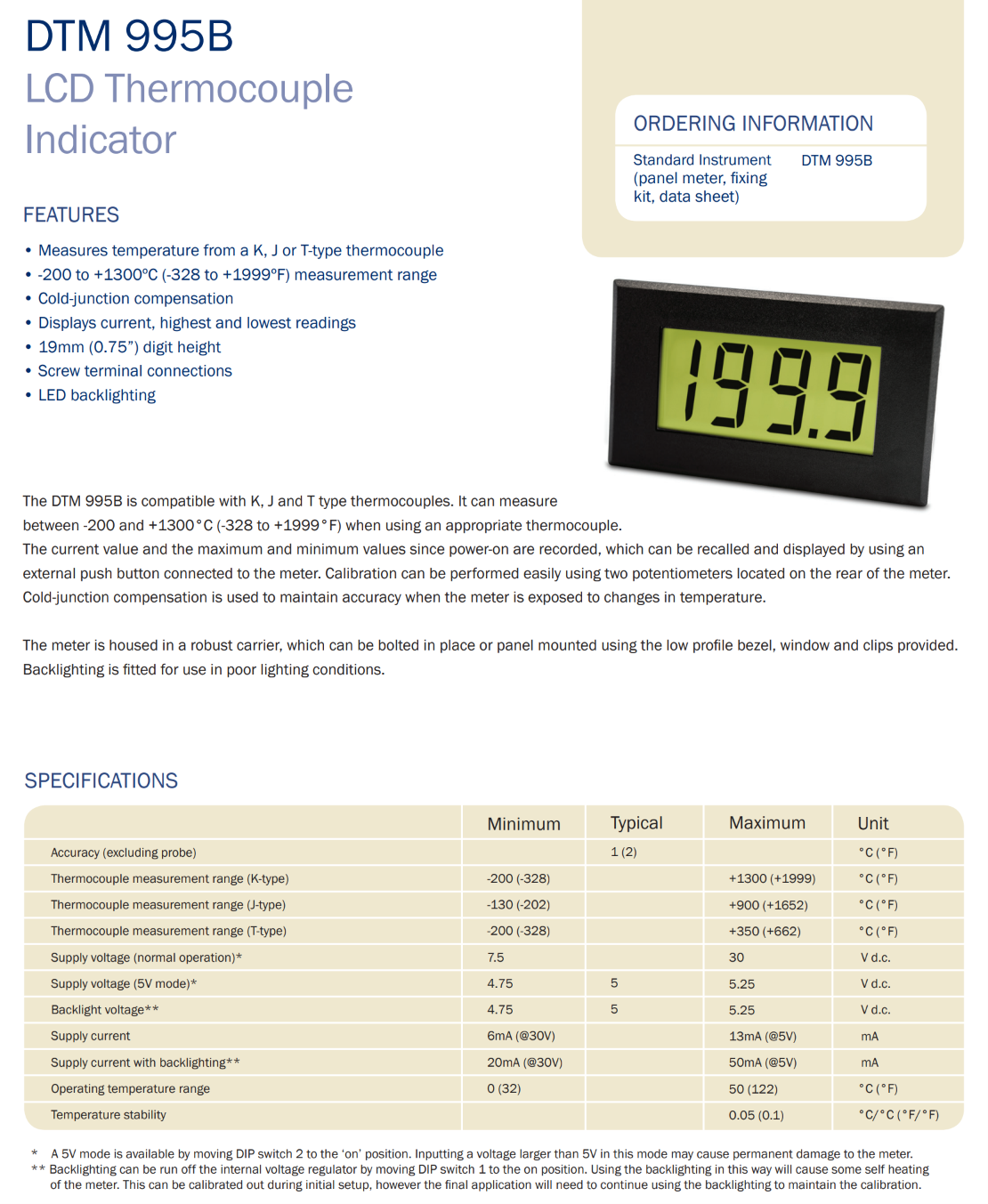 대형 LCD 열전대 측정기 LASCAR Panel Meters / DTM 995B