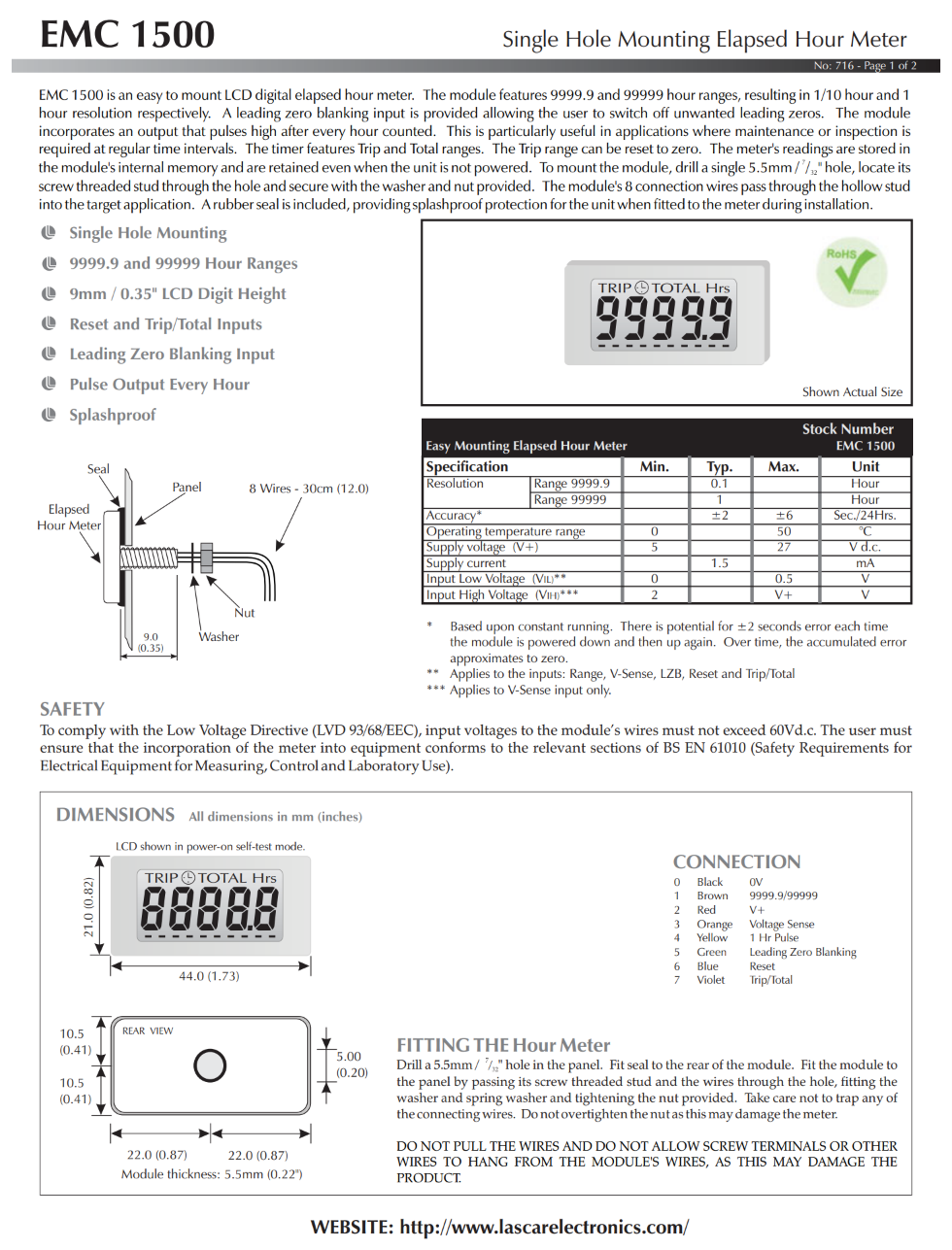 단일 구멍 장착형 경과 시간 계량기 LASCAR Panel Meters / EMC 1500