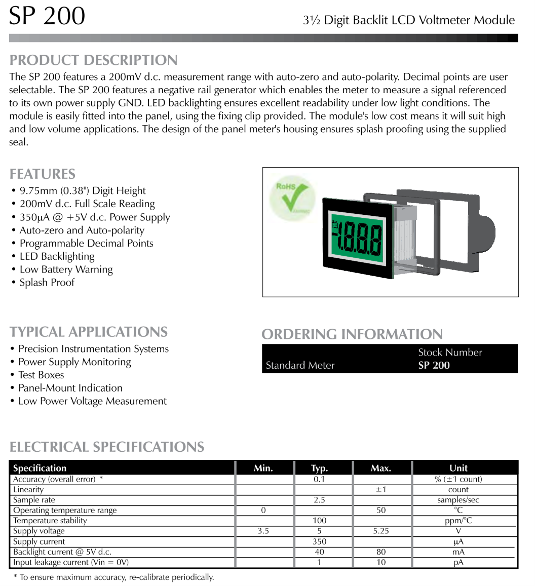 초저프로파일 LCD 전압계 LASCAR Panel Meters / SP 200