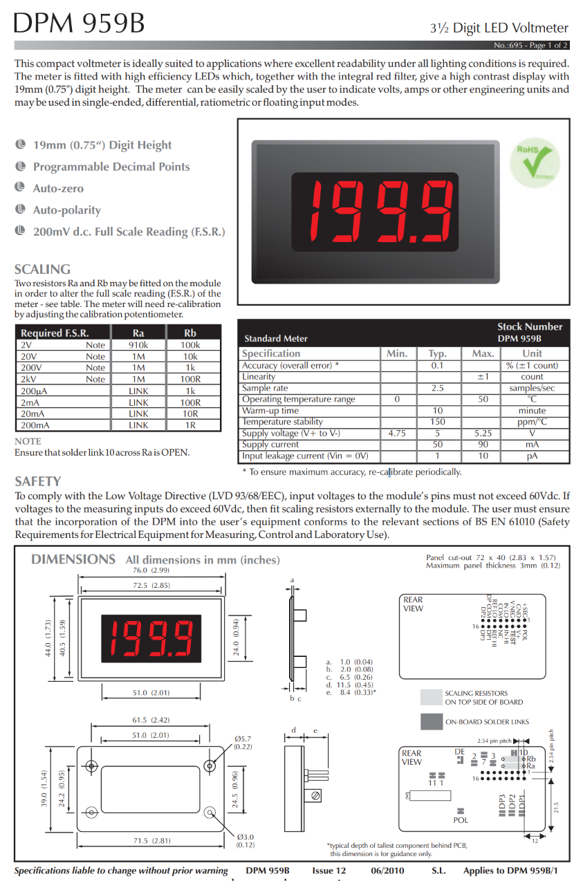 대형 200mV LED 전압계 LASCAR Panel Meters / DPM 959B