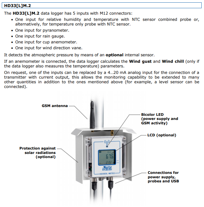 기상 관측소용 GSM/GPRS 데이터 로거 Senseca DeltaOHM HD33M.2