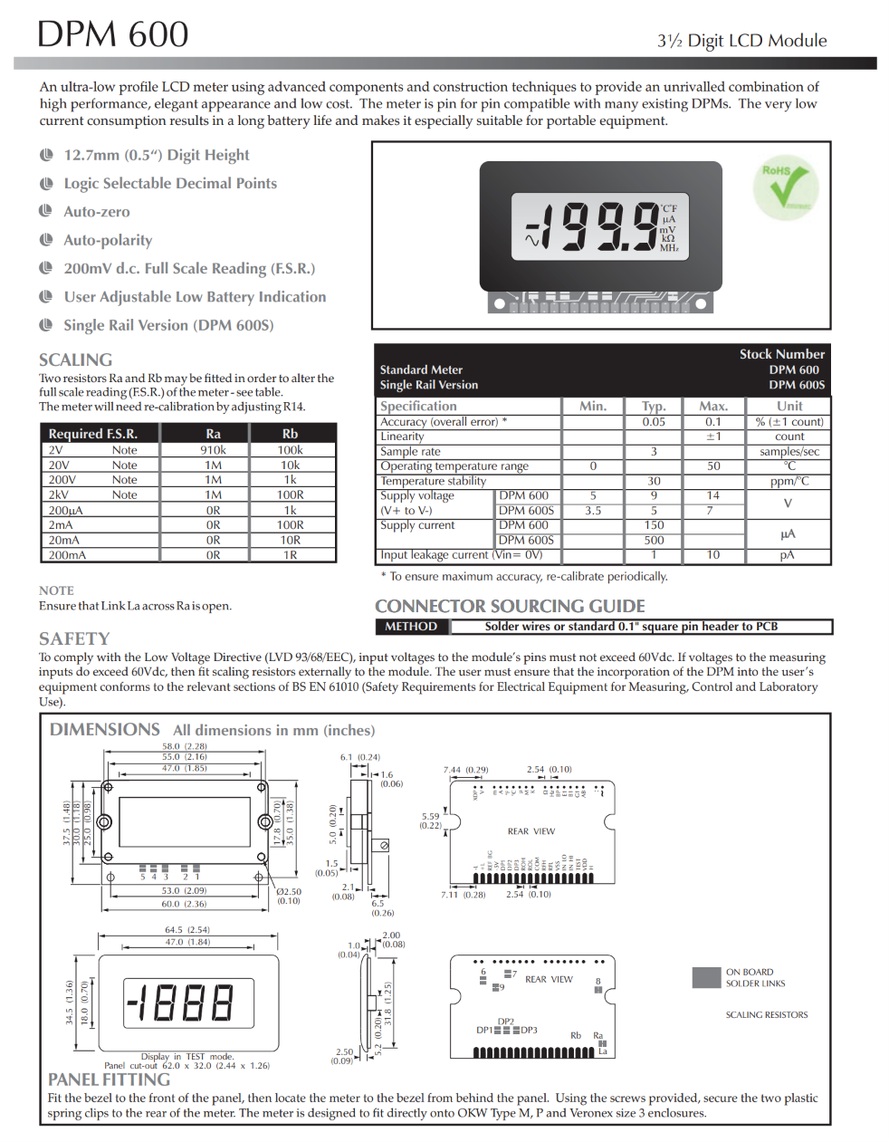 3.5자리 LCD 모듈 전압계 LASCAR Panel Meters / DPM 600