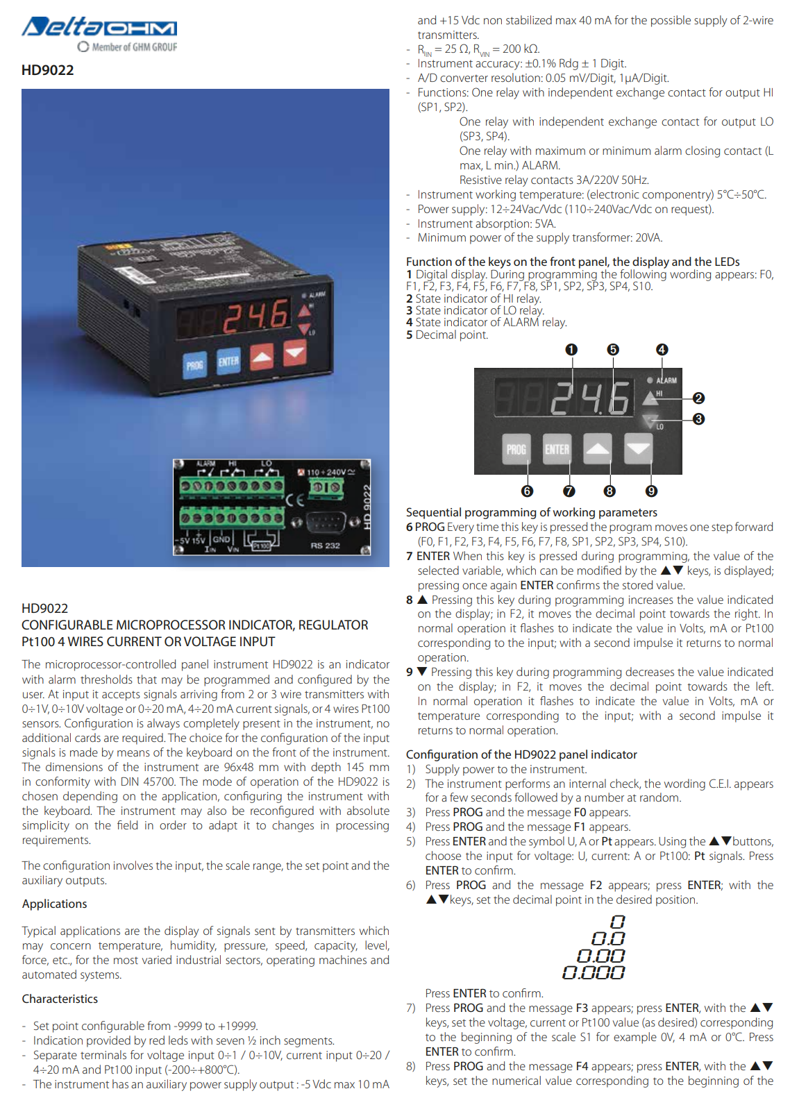 마이크로프로세서 패널 표시기 및 조절기 Senseca DeltaOHM HD9022