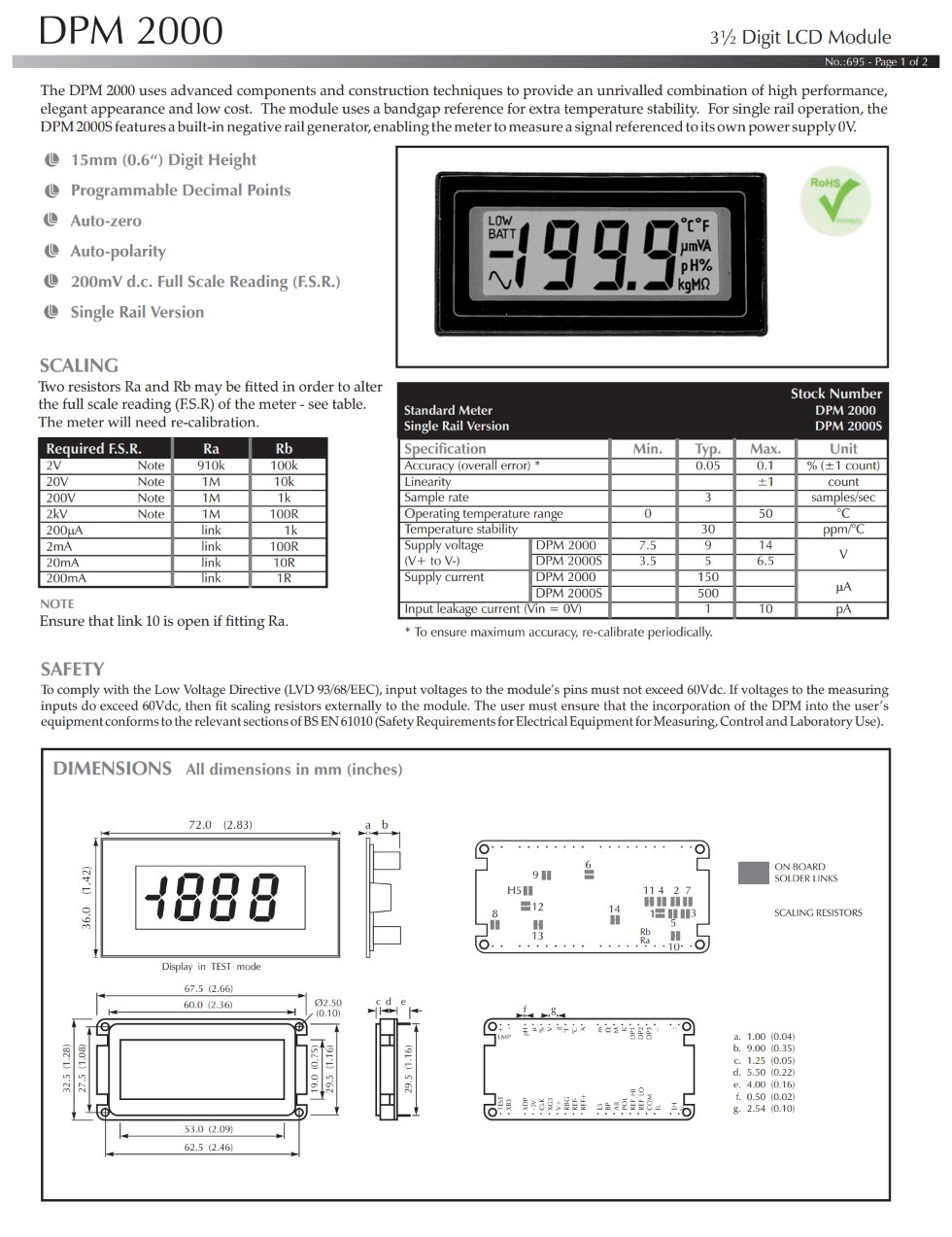3½자리 LCD 전압계 LASCAR Panel Meters / DPM 2000S