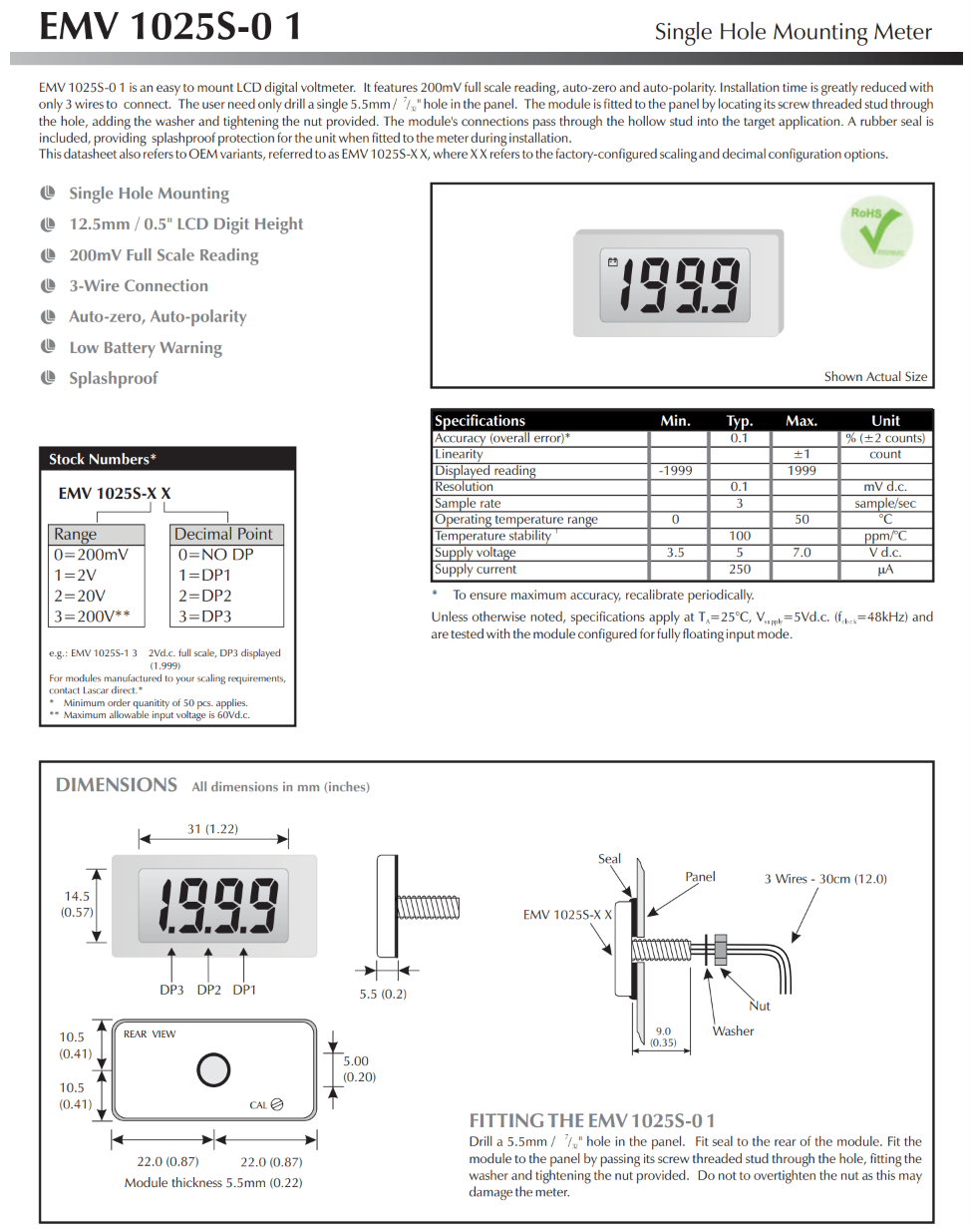 단일 구멍 장착형 계량기 LASCAR Panel Meters / EMV 1025S-01