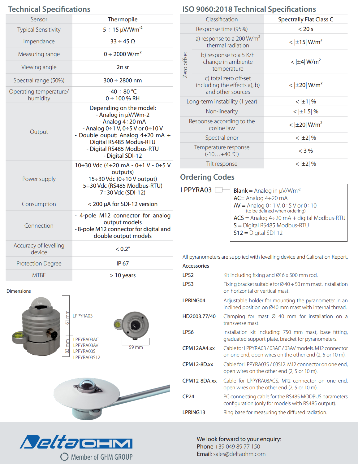 스펙트럼 평탄형 C급 피라노미터 Senseca DeltaOHM LPPYRA03… Series