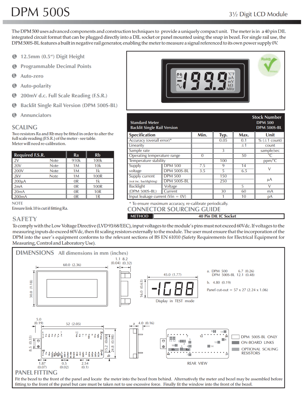 3½자리 LCD 전압계 LASCAR Panel Meters / DPM 500S