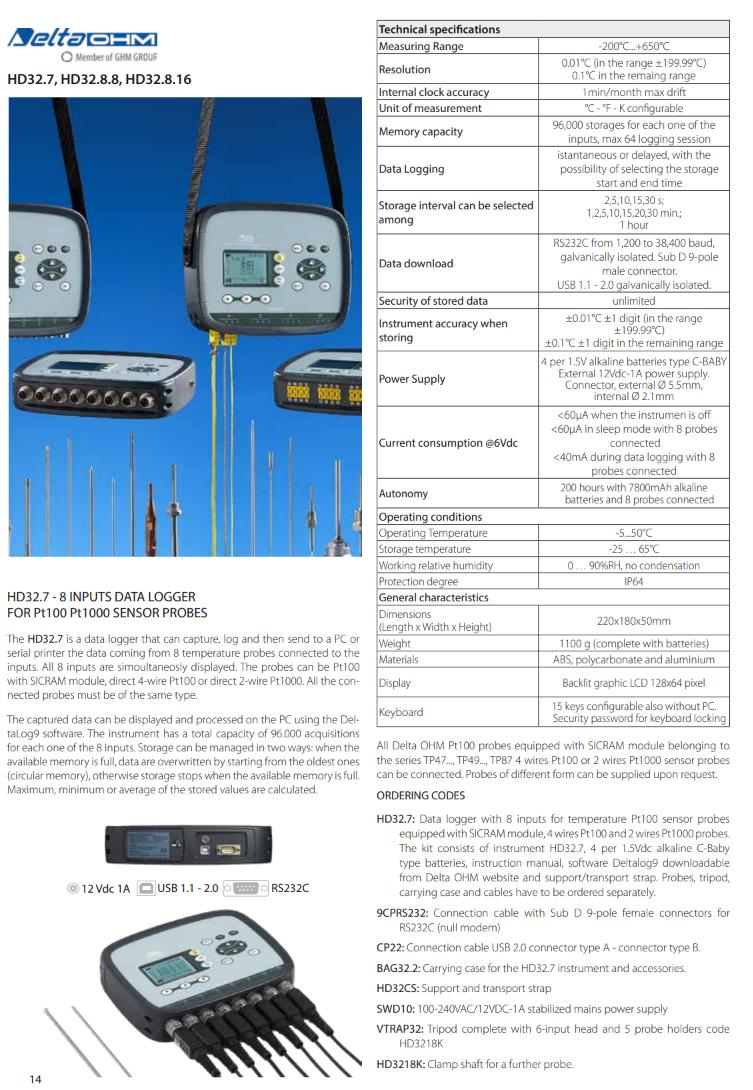 8개 입력 온도 데이터 로거 – Pt100 Senseca DeltaOHM HD32.7