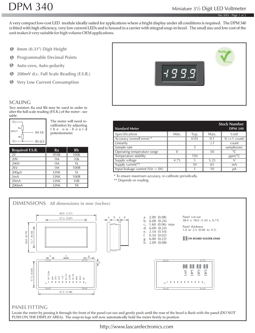 소형 3.5자리 LED 전압계 LASCAR Panel Meters / DPM 340