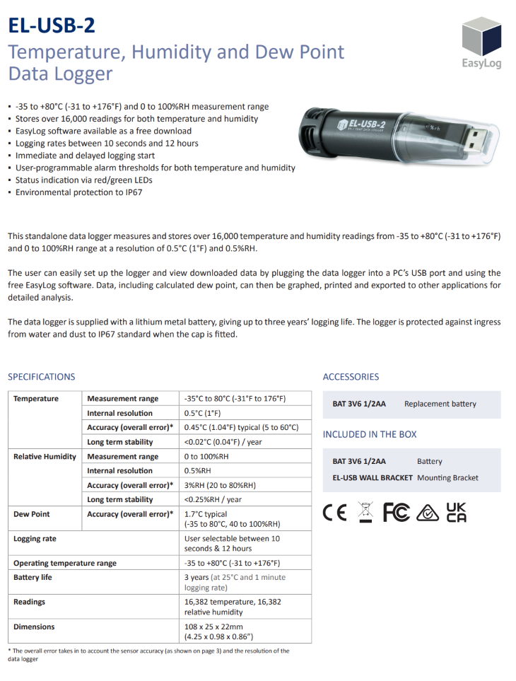 온도 및 습도 기록기 LASCAR EasyLog / EL-USB-2