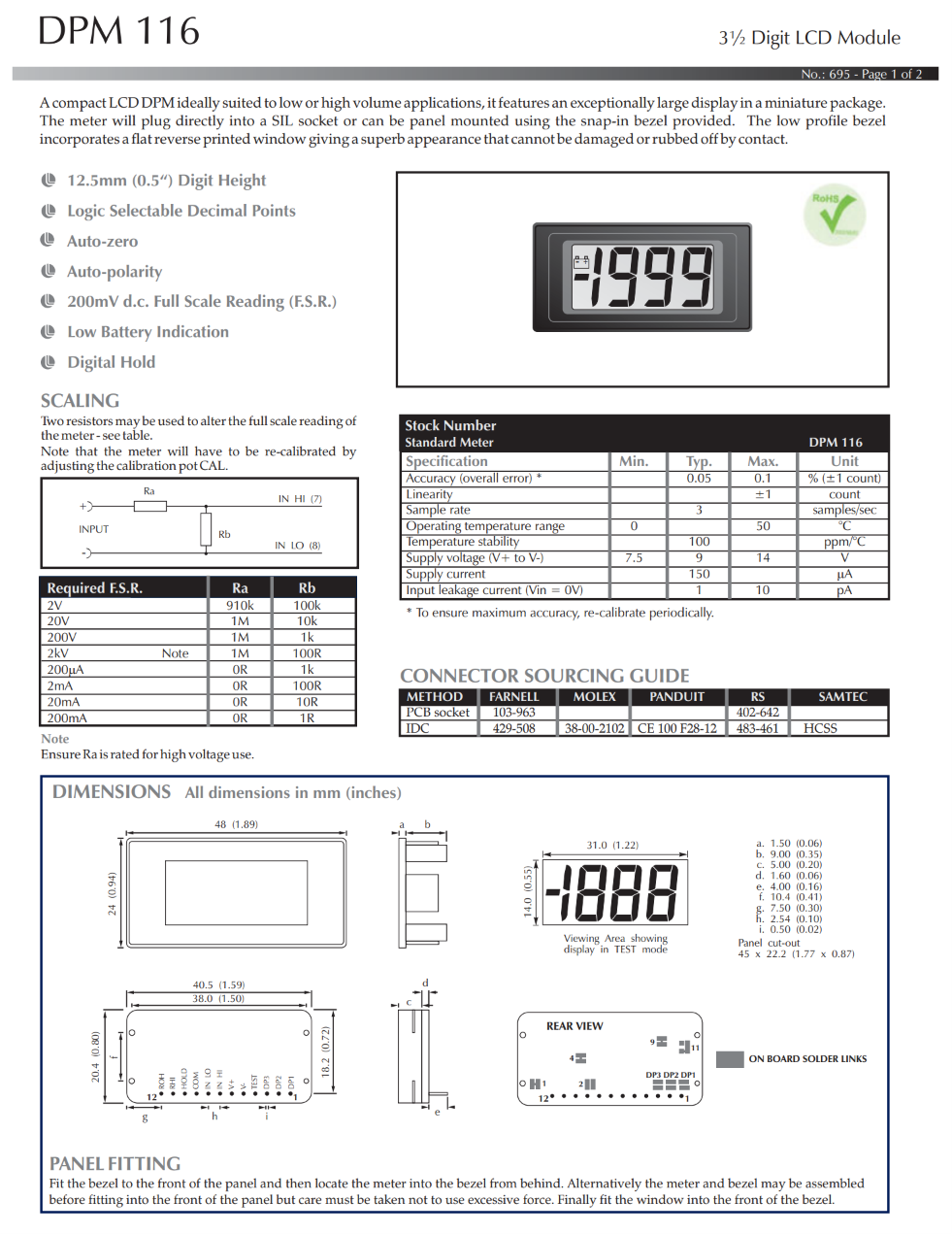 3.5자리 LCD 전압계 LASCAR Panel Meters / DPM 116