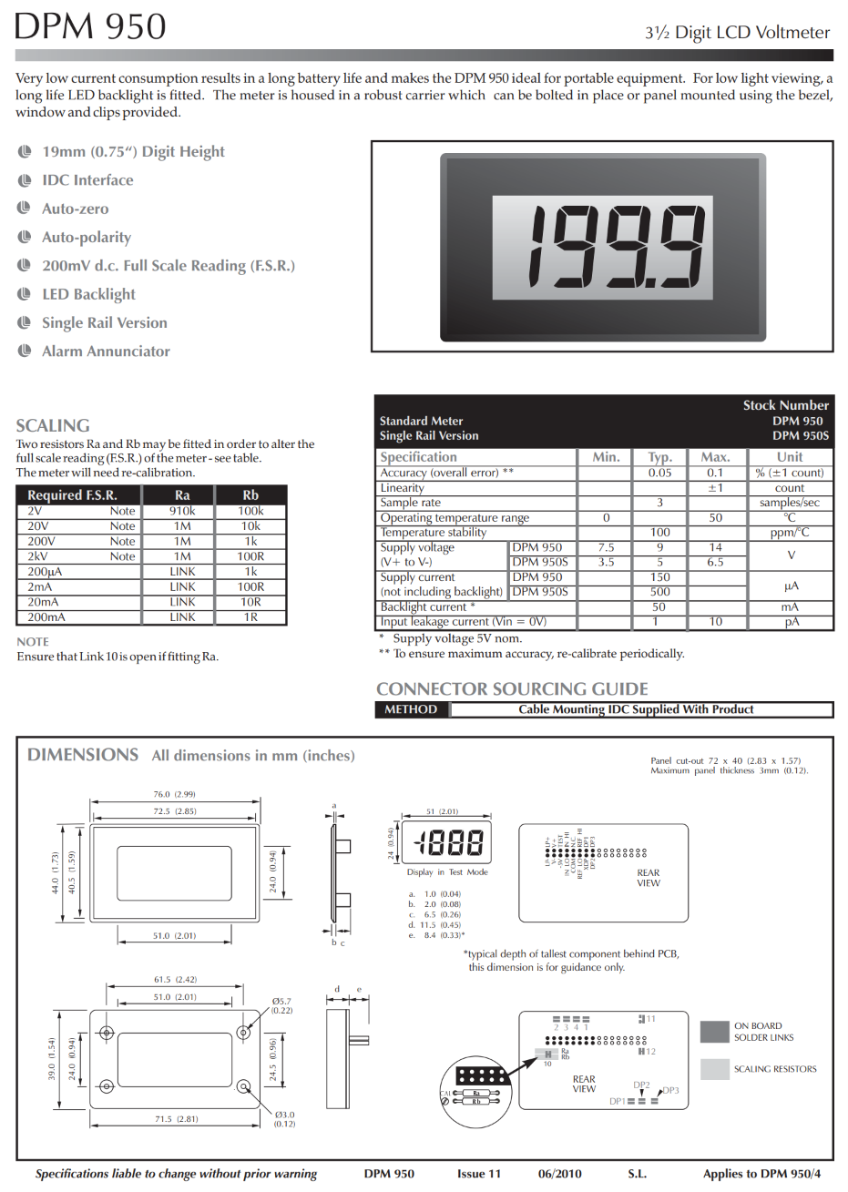 대형 LCD 전압계 LASCAR Panel Meters / DPM 950