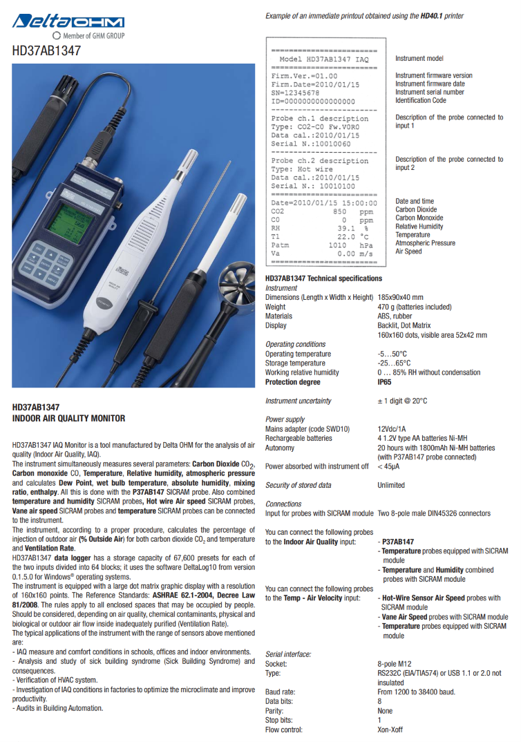 실내 공기질 분석용 데이터 로거 Senseca DeltaOHM HD37AB1347