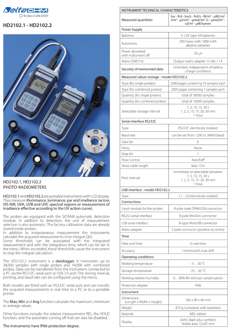 휴대용 조도계 데이터 로거 Senseca DeltaOHM HD2102.2