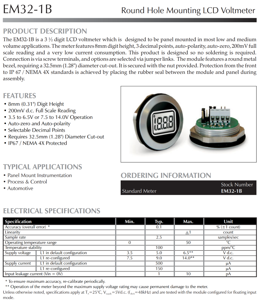원형 구멍 장착형 LCD 전압계 LASCAR Panel Meters / EM32-1B