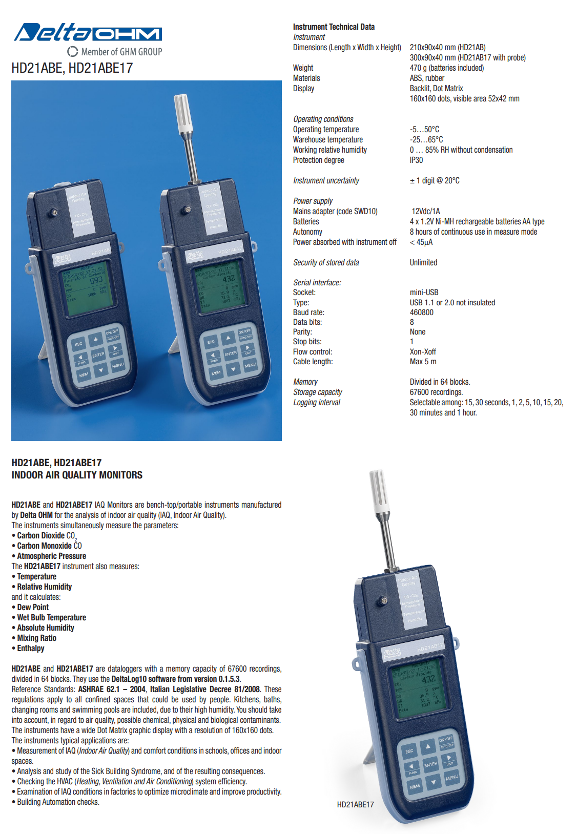 실내 공기질 측정기 Senseca DeltaOHM HD21ABE