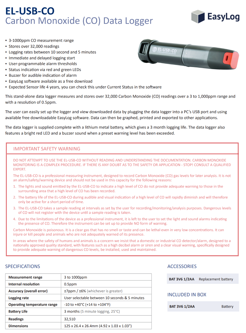 일산화탄소 데이터 기록기 LASCAR EasyLog / EL-USB-CO