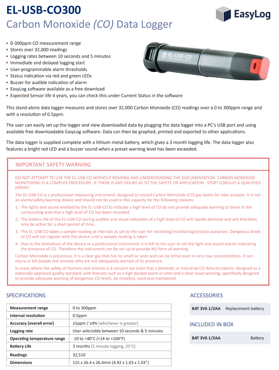 일산화탄소 데이터 기록기 LASCAR EasyLog / EL-USB-CO300