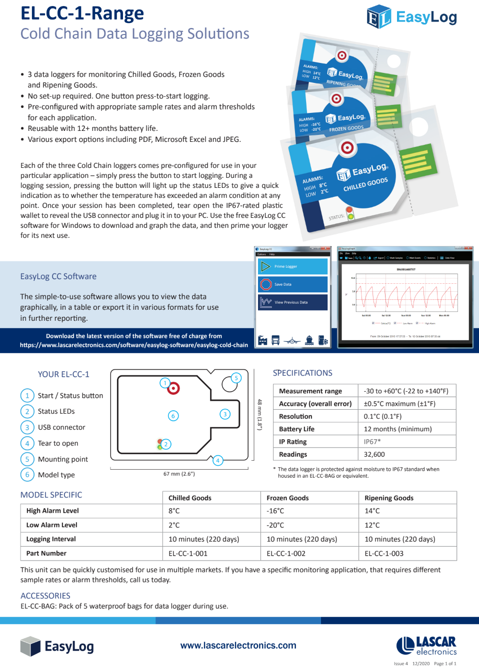 알람 기능이 있는 냉동식품 데이터 로거 10개입 세트 LASCAR Cold Chain Logistics EasyLog | EL-CC-1-002