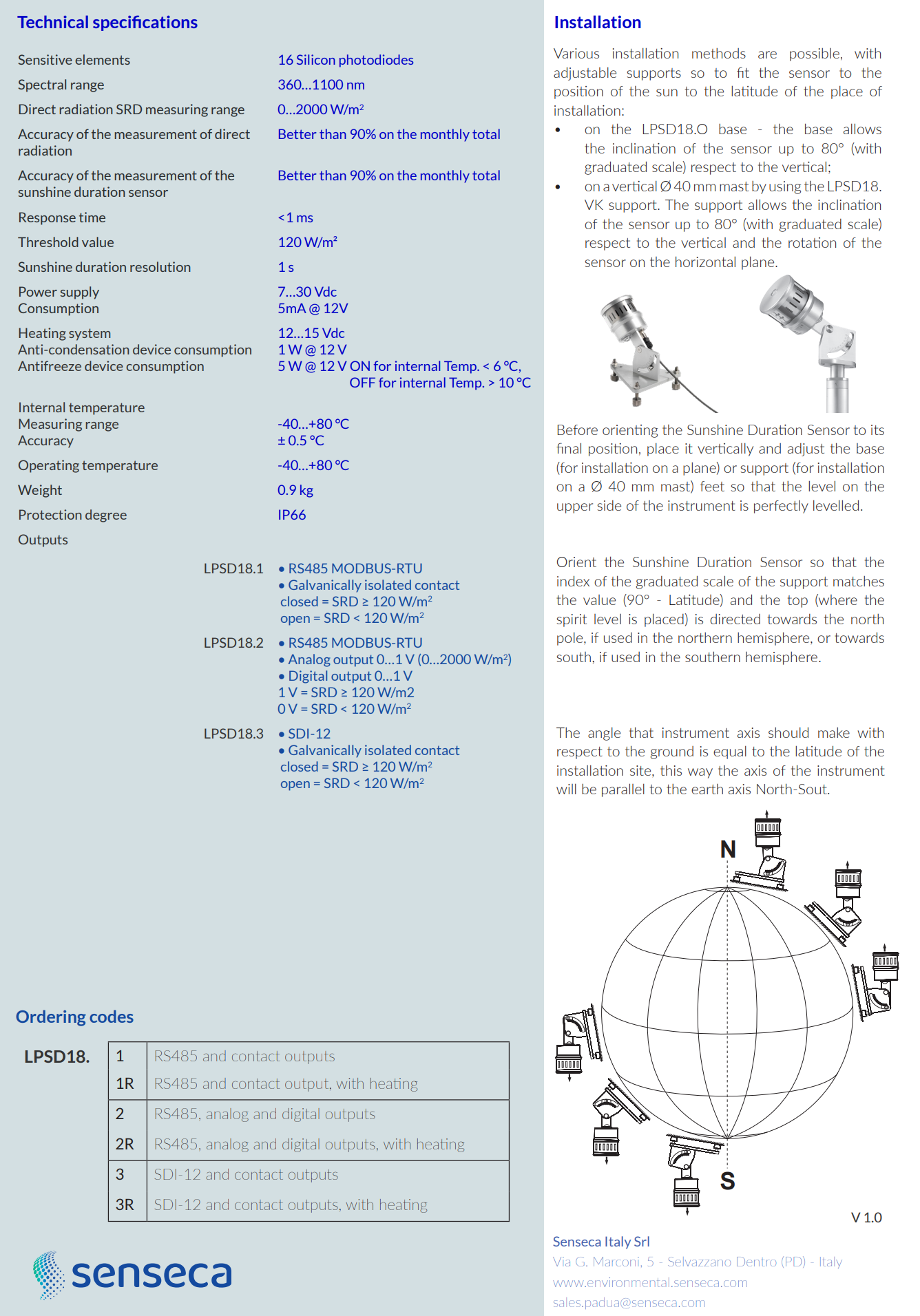 일조 지속 시간 측정센서 Senseca DeltaOHM LPSD18… 시리즈